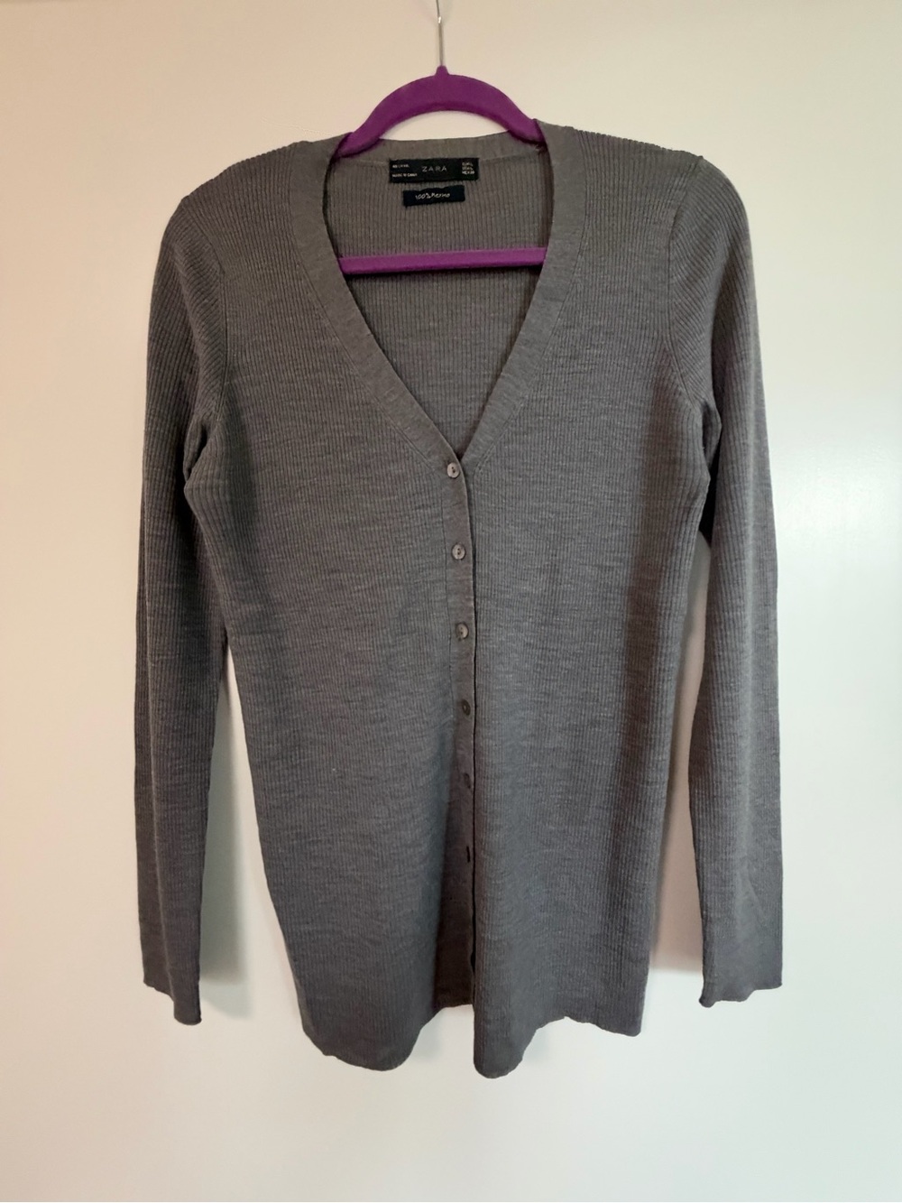 Zara Gray Ribbed V-Neck Button Cardigan - Picture 1 of 4